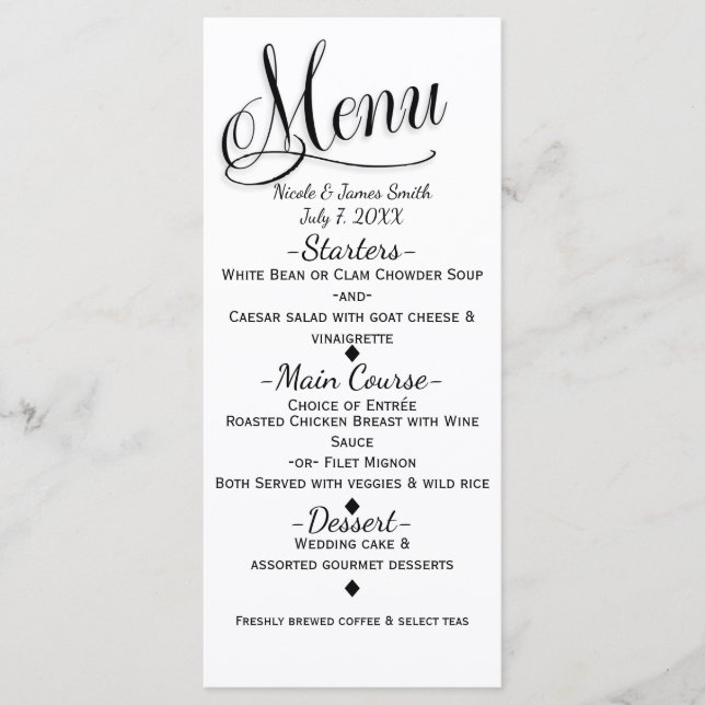 Tarjeta de menú de boda simple elegante en negro y (Anverso)