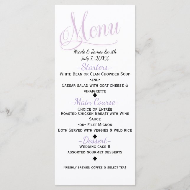 Tarjeta de menú de boda simple elegante lavanda y  (Anverso)