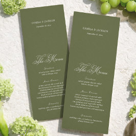 Tarjeta de menú de boda simple en verde oliva