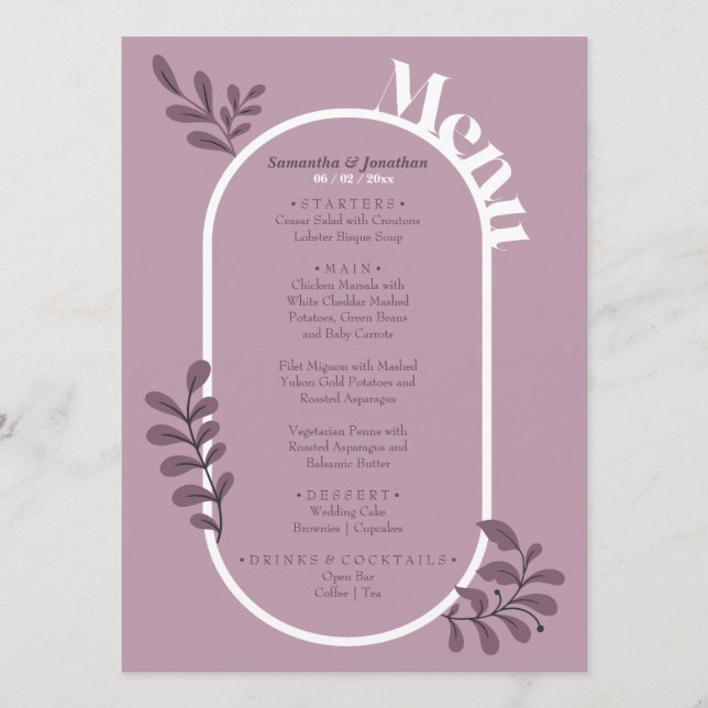 Tarjeta de menú de boda simple rosa (Anverso)