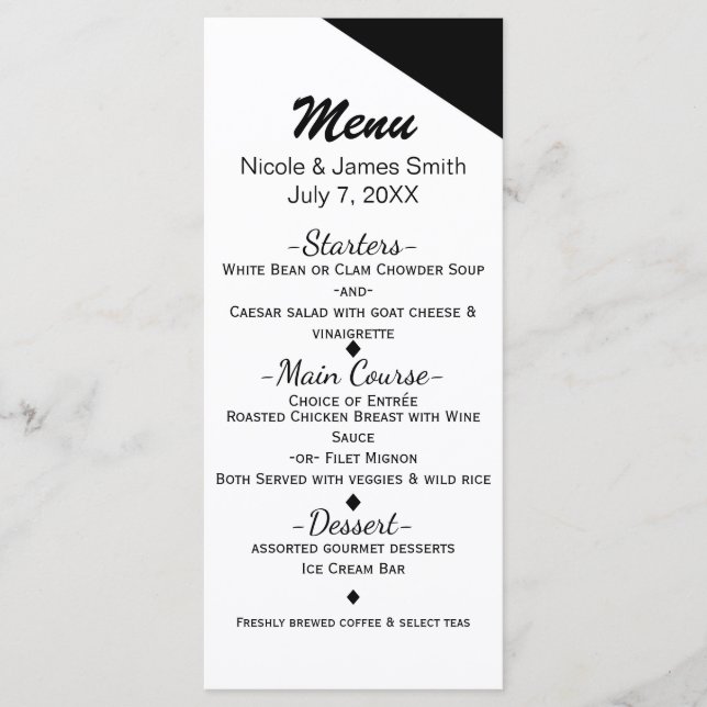 Tarjeta de menú de boda triangular con diseño clás (Anverso)