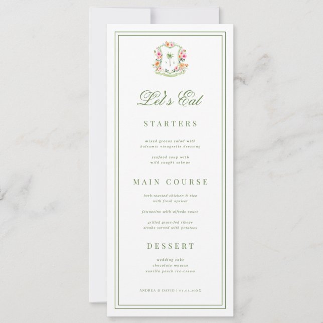 Tarjeta de menú de boda tropical con monograma de  (Anverso)