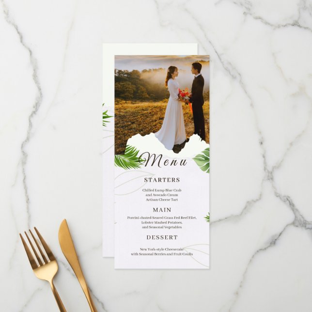 Tarjeta de menú de boda tropical romántica (Anverso/Reverso In Situ)