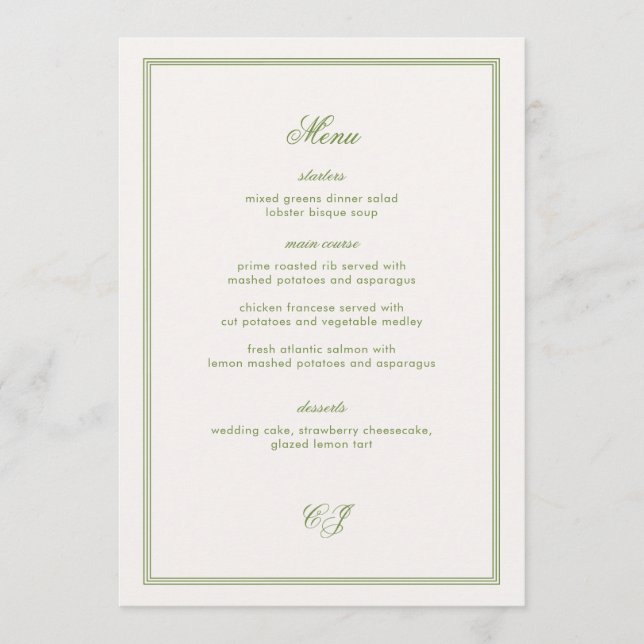 Tarjeta de menú de boda verde de dinero antiguo (Anverso)