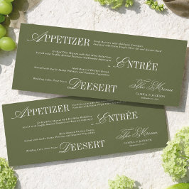Tarjeta de menú de boda verde oliva con dinero ant