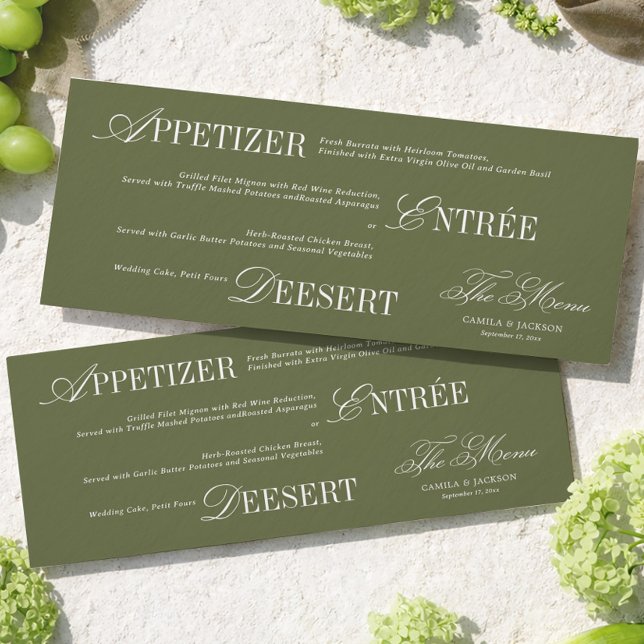 Tarjeta de menú de boda verde oliva con dinero ant (Subido por el creador)