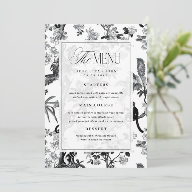 Tarjeta de menú de boda vintage tropical chinoiser (Anverso de pie)