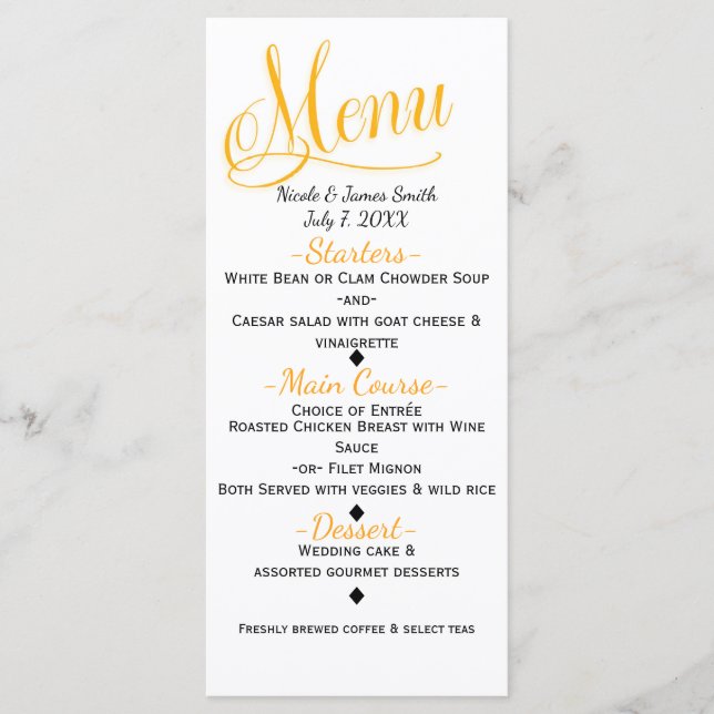 Tarjeta de menú de bodas amarilla y blanca simple  (Anverso)