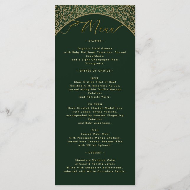 Tarjeta de menú de bodas de damasco verde (Anverso)
