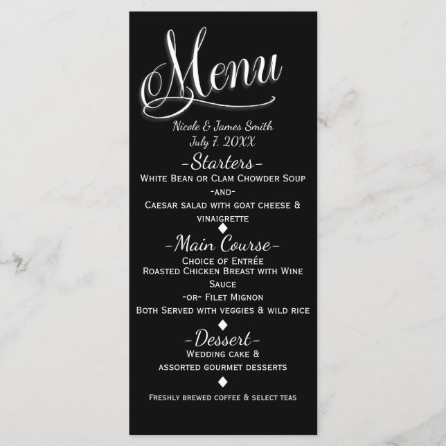Tarjeta de menú de bodas elegante en blanco y negr (Anverso)
