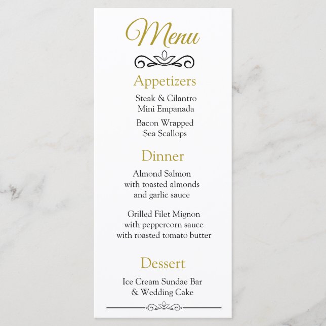 Tarjeta de menú de Bodas Elegantes en Negro y Oro (Anverso)