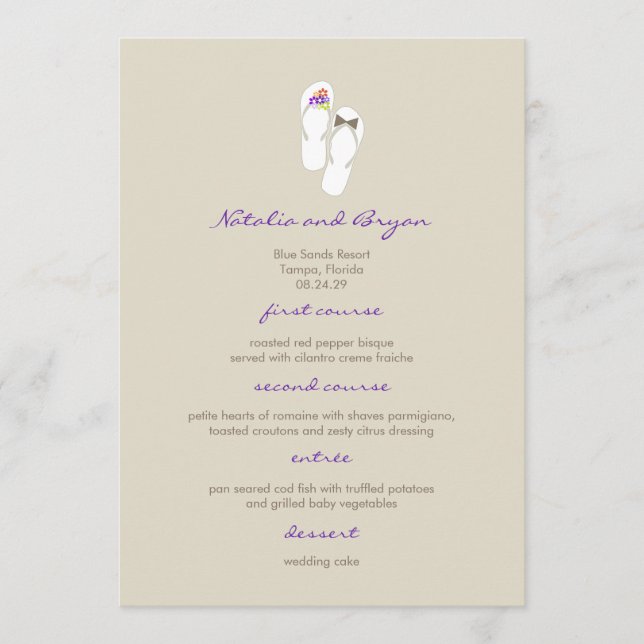 Tarjeta de menú de bodas Mr & Mrs Purple Flip Flop (Anverso)