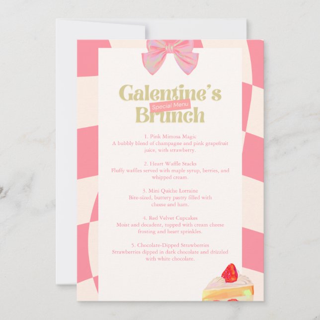 Tarjeta de menú de Brunch rosa retro de Galentine' (Anverso)