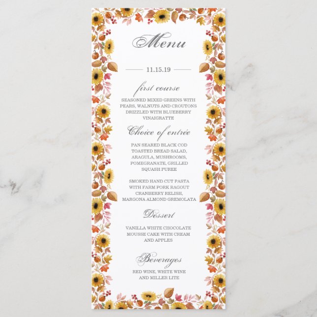 Tarjeta de menú de calabazas de girasoles de acuar (Anverso)