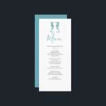 Tarjeta de menú de casamiento de playa personaliza<br><div class="desc">Complete su celebración con estas tarjetas de menú de bodas de playa, el toque final perfecto para su decoración de bodas de playa. Diseñadas con elegantes caballitos de mar de color agua en tonos azules tranquilizantes, aportan un encanto costero a su escapada mientras complementan cualquier tema boda de la costa...</div>