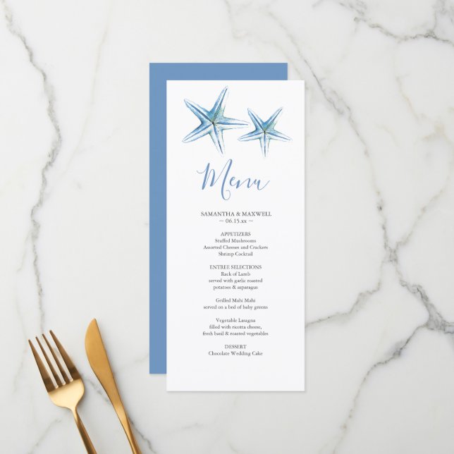 Tarjeta de menú de casamiento de playa personaliza (Anverso/Reverso In Situ)