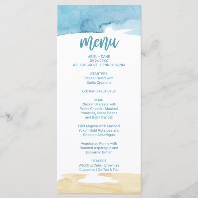 Tarjeta de menú de cena acuática de arena y mar (Anverso)