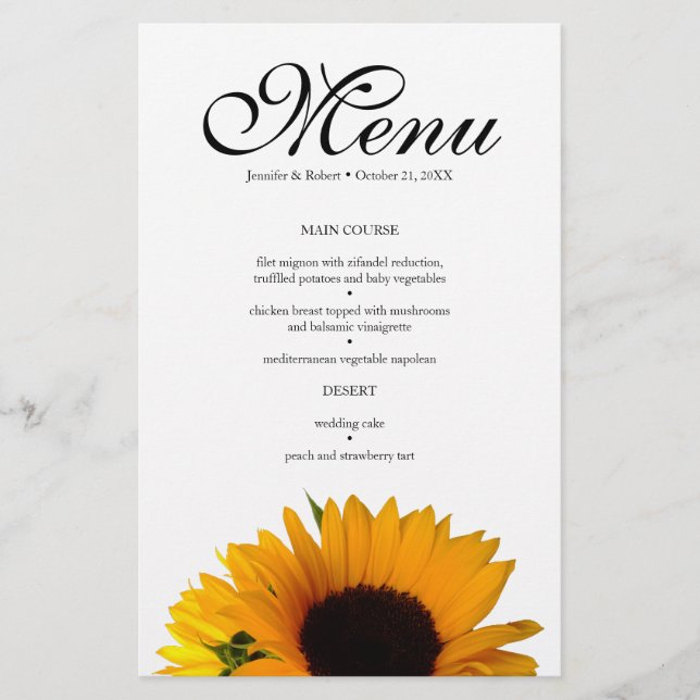 Tarjeta de menú de cena Boda de girasol (Anverso)