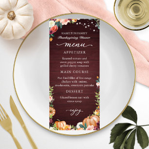 Tarjeta de menú de cena de Acción de Gracias flora