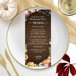 Tarjeta de menú de cena de Acción de Gracias flora