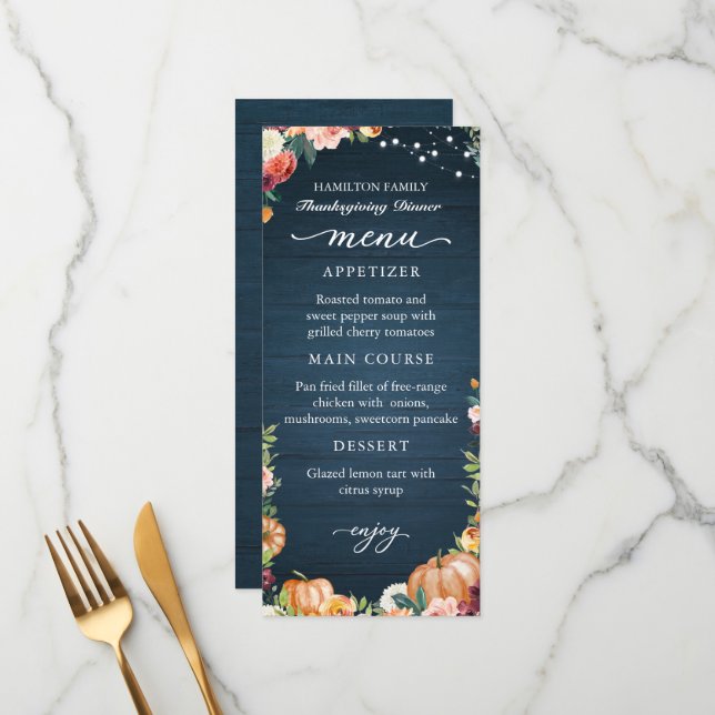 Tarjeta de menú de cena de Acción de Gracias flora (Anverso/Reverso In Situ)