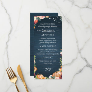 Tarjeta de menú de cena de Acción de Gracias flora