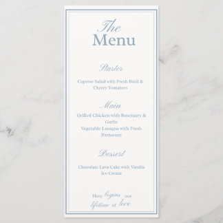 Tarjeta de menú de cena de boda azul polvoriento y