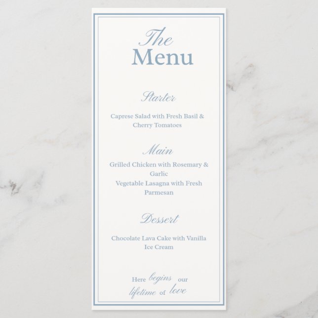 Tarjeta de menú de cena de boda azul polvoriento y (Anverso)