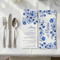 Tarjeta de menú de cena de boda con ramo floral az