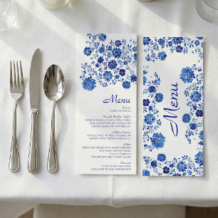 Tarjeta de menú de cena de boda con ramo floral az