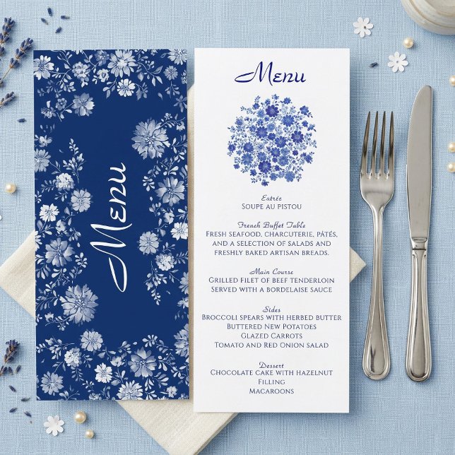 Tarjeta de menú de cena de boda con ramo floral az (Blue Floral Bouquet Wedding Dinner Menu Card)
