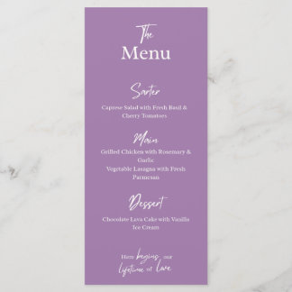 Tarjeta de menú de cena de boda de lavanda lila