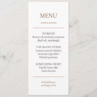 Tarjeta de menú de cena de boda editable con curso