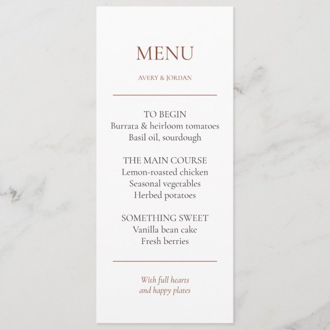 Tarjeta de menú de cena de boda editable con curso (Anverso)