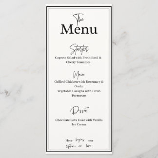 Tarjeta de menú de cena de boda elegante en blanco