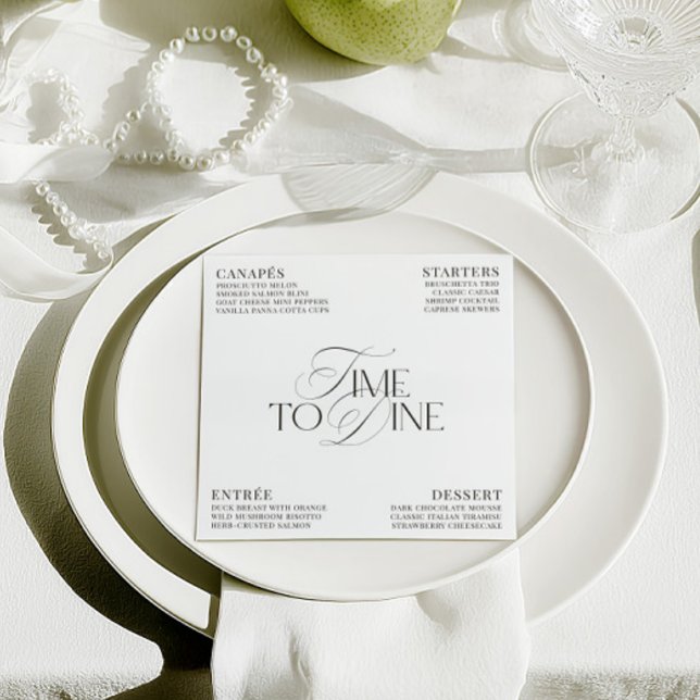 Tarjeta de menú de cena de boda elegante en negro  (Elegant Black & White Wedding Dinner Menu Card)