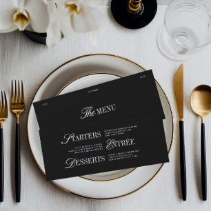 Tarjeta de menú de cena de boda elegante en negro