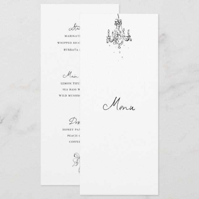 Tarjeta de menú de cena de boda en blanco y negro  (Anverso / Reverso)