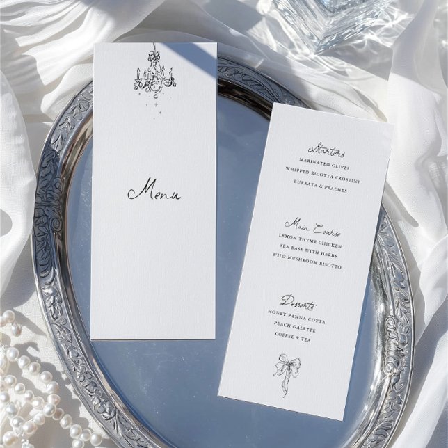 Tarjeta de menú de cena de boda en blanco y negro  (Hand Drawn Black & White Wedding Dinner Menu Card)