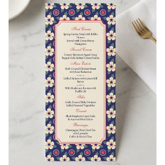 Tarjeta de menú de cena de boda floral folk