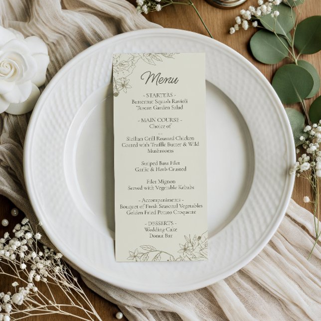 Tarjeta de menú de cena de boda floral para recepc (Subido por el creador)