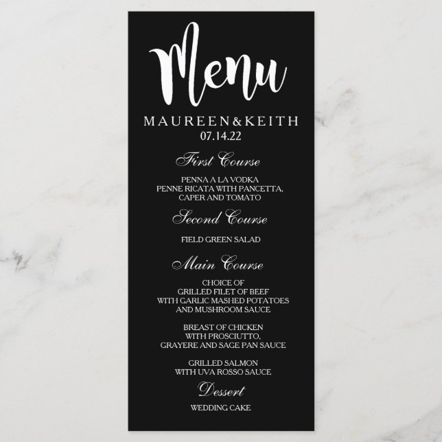 Tarjeta de menú de cena de boda personalizada en b (Anverso)