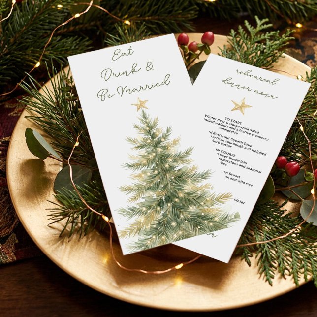 Tarjeta de menú de cena de ensayo con estrella dor (Christmas Tree Menu by Darling & May)