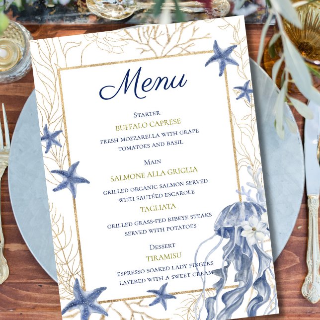 Tarjeta de menú de cena de ensayo de boda en la co (Coastal Rehearsal Dinner Wedding Menu Card)