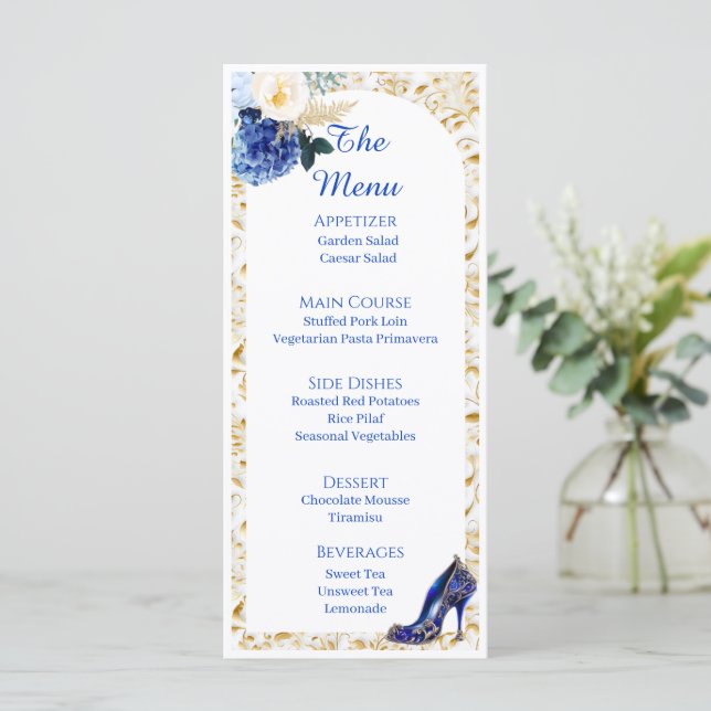 Tarjeta de menú de cena de mariposa dorada azul re (Anverso de pie)