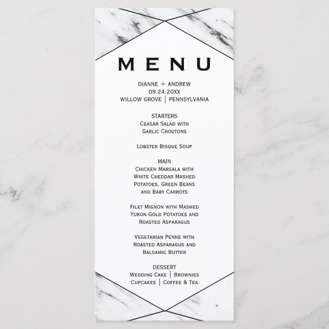 Tarjeta de menú de cena de Mármol geométrico blanc (Anverso)