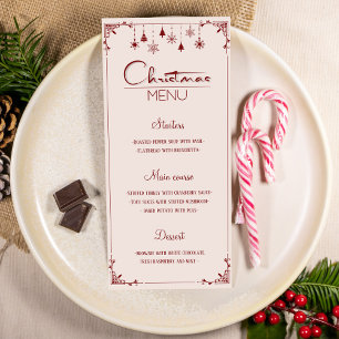 Tarjeta de menú de cena de Navidad clásica roja y 