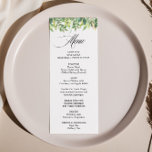Tarjeta de menú de cena de verano de verde<br><div class="desc">Esta vertiginosa carta de menú de verano es perfecta para un boda sencillo. Hojas dibujadas a mano de color verde, follaje adornan marcos geométricos idílicos, estilo y clase exuberantes para embellecer tus tarjetas de ocasión. Este menú se puede utilizar para la recepción de bodas, la cena de ensayo, la ducha...</div>