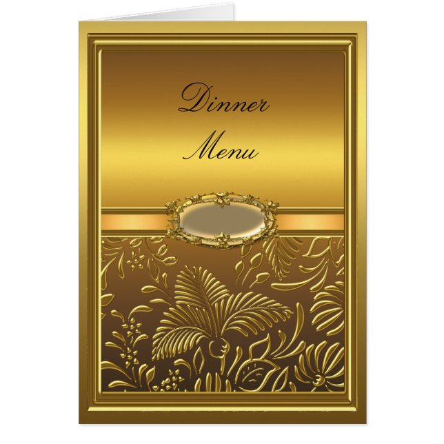Tarjeta de menú de cena Gold Damask Floral (Frente)