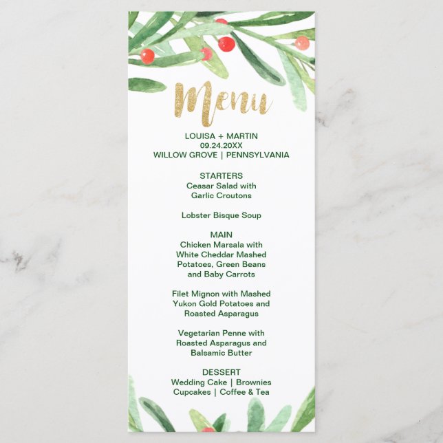 Tarjeta de menú de cena Holly Wreath para navidade (Anverso)